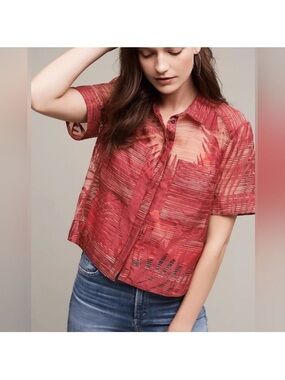 Maeve Red Sun Palm Sheer Short Sleeve Button Down Top, sz 4 EUC